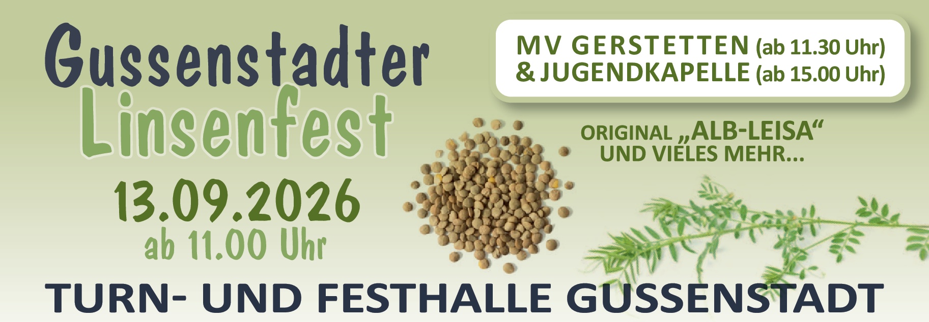 Linsenfest 2026 &ndash; 13. September 2026 ab 11 Uhr, Turn- und Festhalle Gussenstadt. MV Gerstetten ab 11.30 Uhr, Jugendkapelle ab 15.00 Uhr.